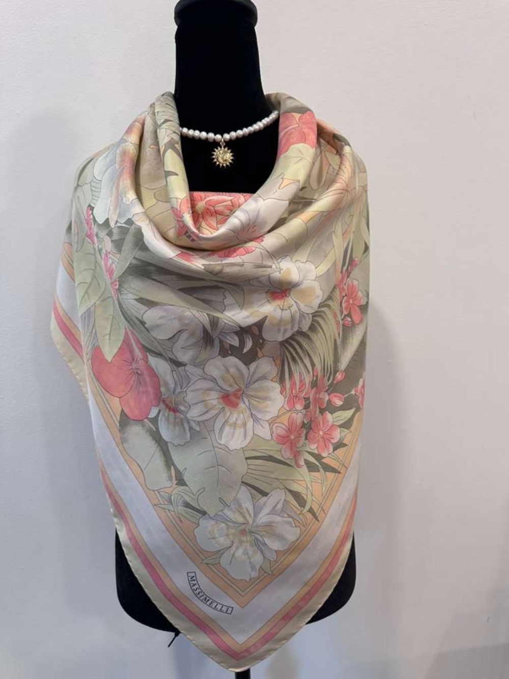 Massimelli Silk Scarf Pink Green White Floral Hand Rolled